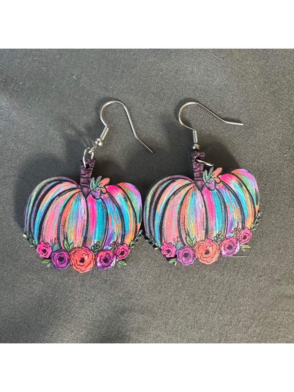 Rainbow Pumpkin Earrings With Floral Detail Fall Halloween Harvest